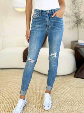 Judy Blue Full Size Mid Rise Destroy & Cuff Skinny Jeans - Just Believe Boutique
