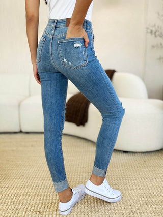 Judy Blue Full Size Mid Rise Destroy & Cuff Skinny Jeans - Just Believe Boutique