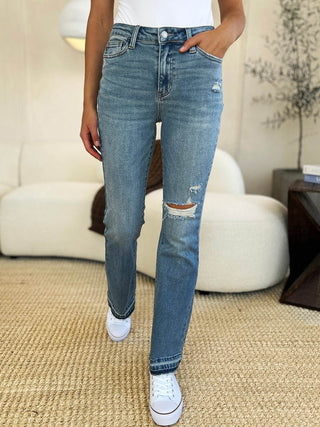 Judy Blue Full Size Mid Rise Destroyed Hem Distressed Jeans - Just Believe Boutique