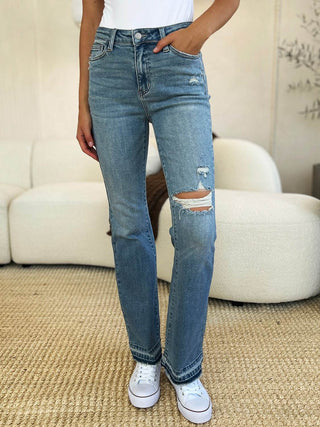 Judy Blue Full Size Mid Rise Destroyed Hem Distressed Jeans - Just Believe Boutique