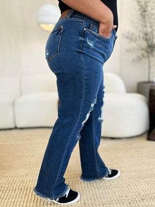 Judy Blue Full Size Mid Rise Distressed Raw Hem Jeans - Just Believe Boutique