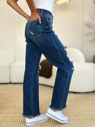 Judy Blue Full Size Mid Rise Distressed Raw Hem Jeans - Just Believe Boutique