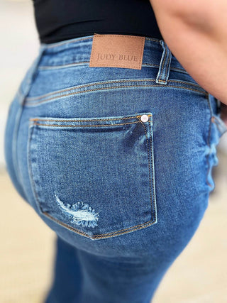 Judy Blue Full Size Mid Rise Distressed Raw Hem Jeans - Just Believe Boutique