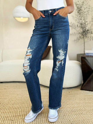 Judy Blue Full Size Mid Rise Distressed Raw Hem Jeans - Just Believe Boutique