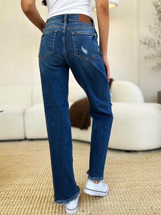 Judy Blue Full Size Mid Rise Distressed Raw Hem Jeans - Just Believe Boutique