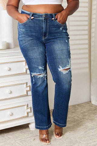 Judy Blue Full Size Mid Rise Hand Sand & Destroy Bootcut Jeans - Just Believe Boutique
