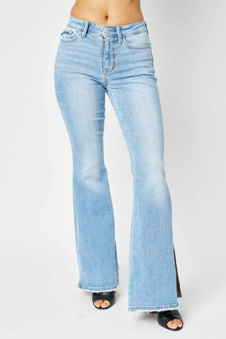 Judy Blue Full Size Mid Rise Raw Hem Slit Flare Jeans - Just Believe Boutique