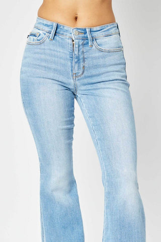 Judy Blue Full Size Mid Rise Raw Hem Slit Flare Jeans - Just Believe Boutique
