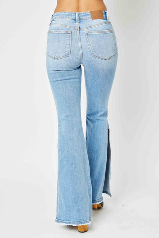 Judy Blue Full Size Mid Rise Raw Hem Slit Flare Jeans - Just Believe Boutique