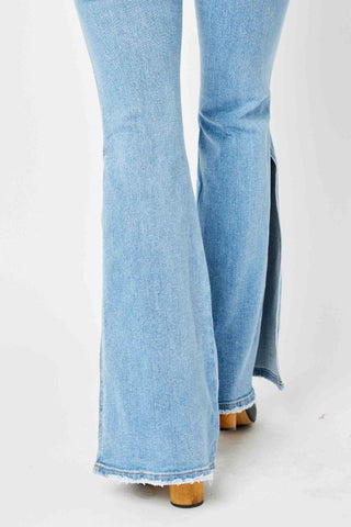 Judy Blue Full Size Mid Rise Raw Hem Slit Flare Jeans - Just Believe Boutique