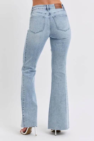 Judy Blue Full Size Mid Rise Rhinestone Side Panel Detail Flare Jeans Plus Size - Just Believe Boutique
