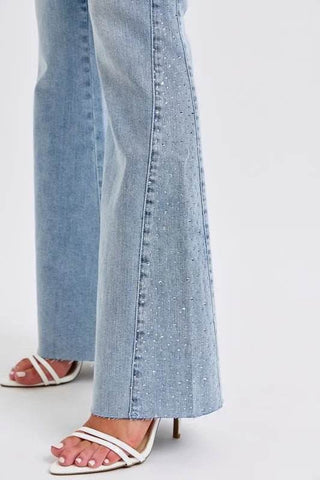 Judy Blue Full Size Mid Rise Rhinestone Side Panel Detail Flare Jeans Plus Size - Just Believe Boutique