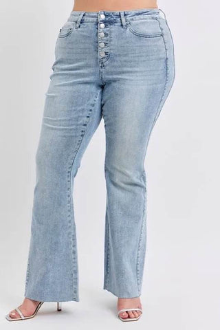 Judy Blue Full Size Mid Rise Rhinestone Side Panel Detail Flare Jeans Plus Size - Just Believe Boutique