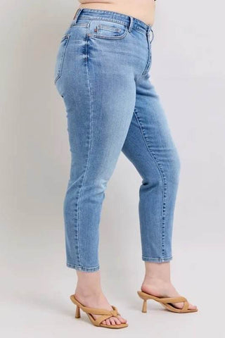 Judy Blue Full Size Mid Rise Vintage Wash Slim Jeans with Cell Phone Pocket Plus Size - Just Believe Boutique
