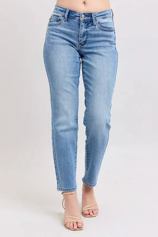 Judy Blue Full Size Mid Rise Vintage Wash Slim Jeans with Cell Phone Pocket Plus Size - Just Believe Boutique