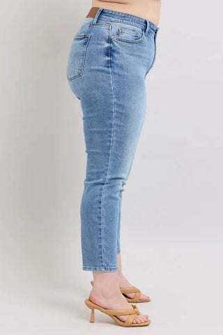 Judy Blue Full Size Mid Rise Vintage Wash Slim Jeans with Cell Phone Pocket Plus Size - Just Believe Boutique