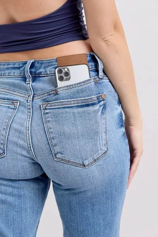 Judy Blue Full Size Mid Rise Vintage Wash Slim Jeans with Cell Phone Pocket Plus Size - Just Believe Boutique