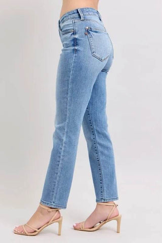 Judy Blue Full Size Mid Rise Vintage Wash Slim Jeans with Cell Phone Pocket Plus Size - Just Believe Boutique
