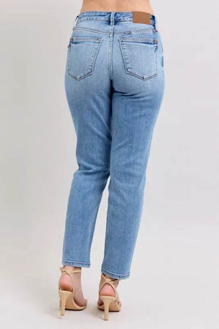 Judy Blue Full Size Mid Rise Vintage Wash Slim Jeans with Cell Phone Pocket Plus Size - Just Believe Boutique