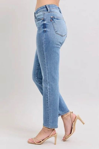 Judy Blue Full Size Mid Rise Vintage Wash Slim Jeans with Cell Phone Pocket Plus Size - Just Believe Boutique