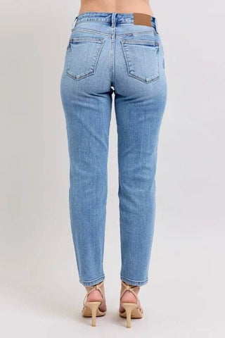Judy Blue Full Size Mid Rise Vintage Wash Slim Jeans with Cell Phone Pocket Plus Size - Just Believe Boutique