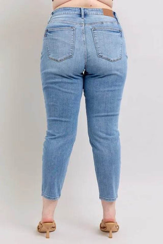 Judy Blue Full Size Mid Rise Vintage Wash Slim Jeans with Cell Phone Pocket Plus Size - Just Believe Boutique