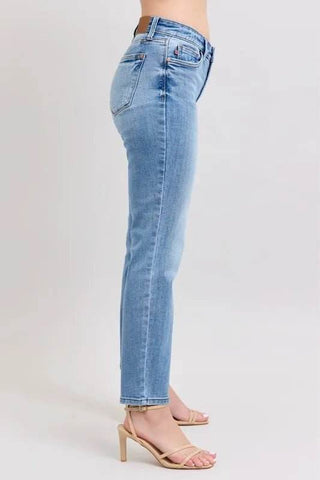 Judy Blue Full Size Mid Rise Vintage Wash Slim Jeans with Cell Phone Pocket Plus Size - Just Believe Boutique