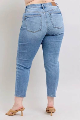 Judy Blue Full Size Mid Rise Vintage Wash Slim Jeans with Cell Phone Pocket Plus Size - Just Believe Boutique