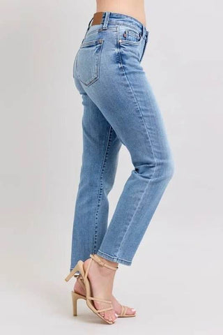 Judy Blue Full Size Mid Rise Vintage Wash Slim Jeans with Cell Phone Pocket Plus Size - Just Believe Boutique