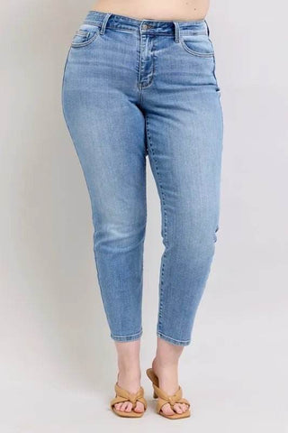 Judy Blue Full Size Mid Rise Vintage Wash Slim Jeans with Cell Phone Pocket Plus Size - Just Believe Boutique