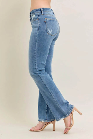 Judy Blue Full Size Mid Rise Wash Destroy Hem Bootcut Jeans Plus Size - Just Believe Boutique