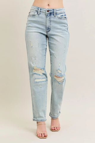 Judy Blue Full Size Mr Repair Stitch Detail Destroy Single Cuff Bf Jeans Plus Size - Just Believe Boutique