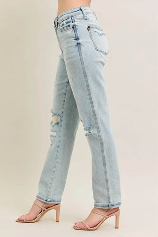 Judy Blue Full Size Mr Repair Stitch Detail Destroy Single Cuff Bf Jeans Plus Size - Just Believe Boutique