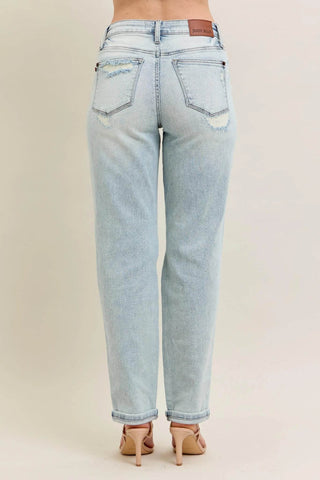 Judy Blue Full Size Mr Repair Stitch Detail Destroy Single Cuff Bf Jeans Plus Size - Just Believe Boutique