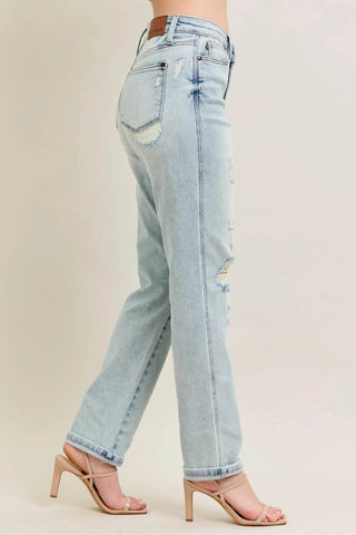 Judy Blue Full Size Mr Repair Stitch Detail Destroy Single Cuff Bf Jeans Plus Size - Just Believe Boutique