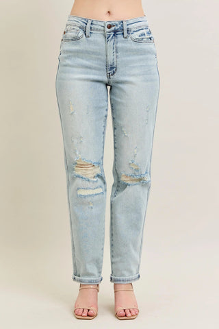 Judy Blue Full Size Mr Repair Stitch Detail Destroy Single Cuff Bf Jeans Plus Size - Just Believe Boutique