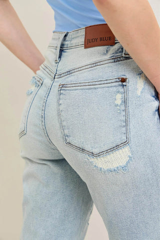 Judy Blue Full Size Mr Repair Stitch Detail Destroy Single Cuff Bf Jeans Plus Size - Just Believe Boutique