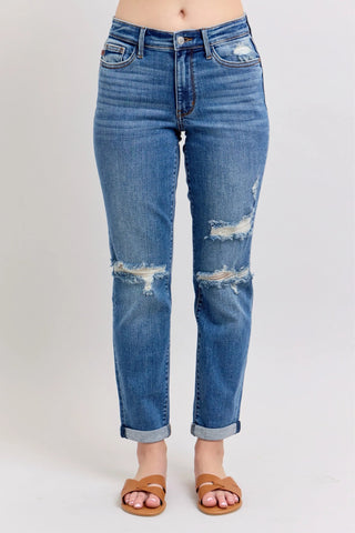 Judy Blue Full Size Mr Vintage Wash Boyfriend Fit W/ Destroy Jeans Plue Size - Just Believe Boutique