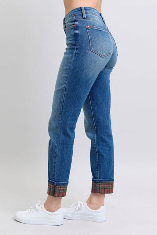 Judy Blue Full Size Plaid Print Cuff Straight Leg Jeans with Pockets - Just Believe Boutique