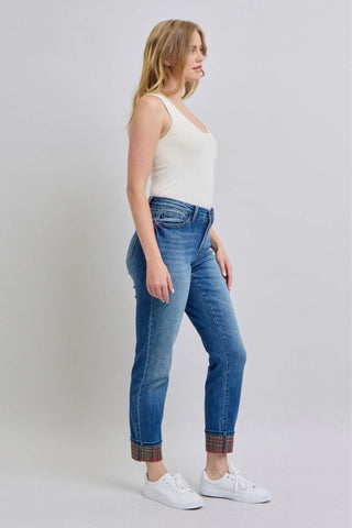 Judy Blue Full Size Plaid Print Cuff Straight Leg Jeans with Pockets - Just Believe Boutique