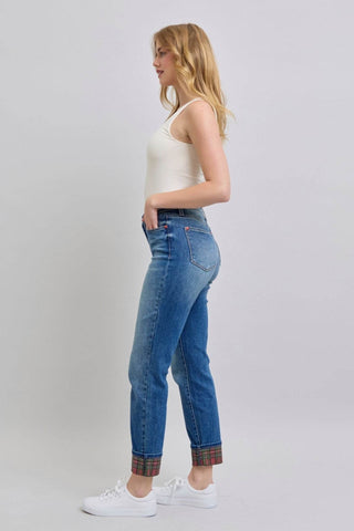 Judy Blue Full Size Plaid Print Cuff Straight Leg Jeans with Pockets - Just Believe Boutique