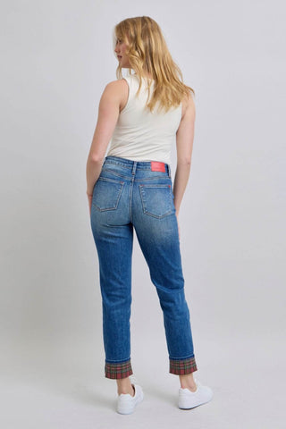 Judy Blue Full Size Plaid Print Cuff Straight Leg Jeans with Pockets - Just Believe Boutique
