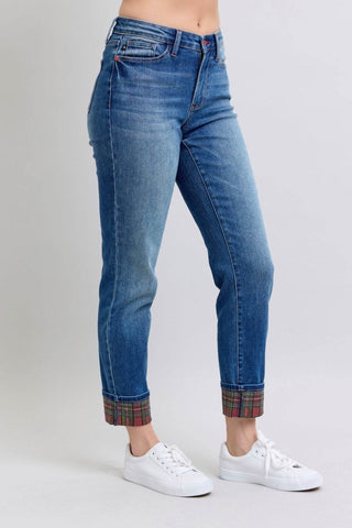 Judy Blue Full Size Plaid Print Cuff Straight Leg Jeans with Pockets - Just Believe Boutique