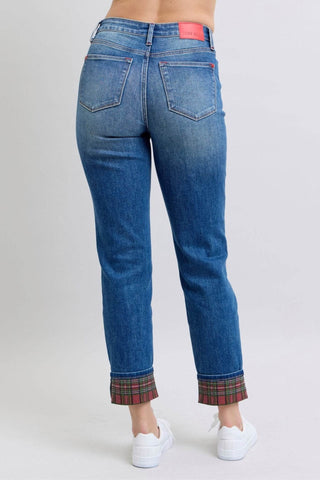 Judy Blue Full Size Plaid Print Cuff Straight Leg Jeans with Pockets - Just Believe Boutique