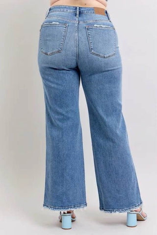 Judy Blue Full Size Raw Hem Wide Leg Jeans Plus Size - Just Believe Boutique