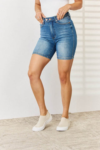 Judy Blue Full Size Tummy Control Double Button Bermuda Denim Shorts - Just Believe Boutique