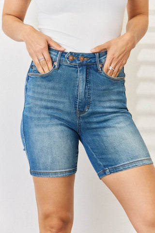 Judy Blue Full Size Tummy Control Double Button Bermuda Denim Shorts - Just Believe Boutique