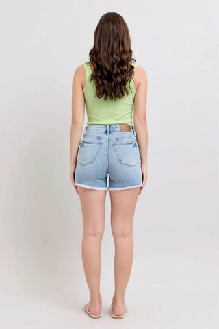 Judy Blue Full Size Tummy Control Raw Hem Denim Shorts Plus Size - Just Believe Boutique