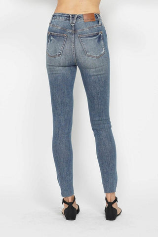 Judy Blue Full Size Tummy Control Vintage Wash Hem Destroy Skinny Jeans - Just Believe Boutique