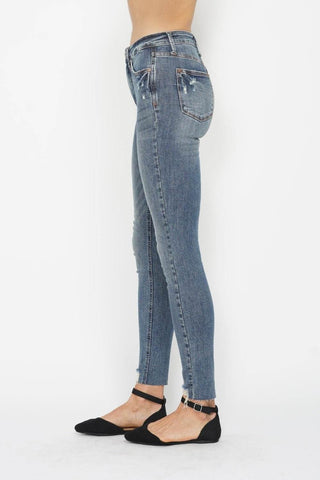 Judy Blue Full Size Tummy Control Vintage Wash Hem Destroy Skinny Jeans - Just Believe Boutique